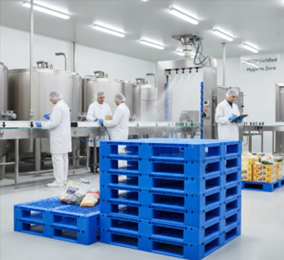 Blauwe plastic pallets in de voedingsmiddelenindustrie.