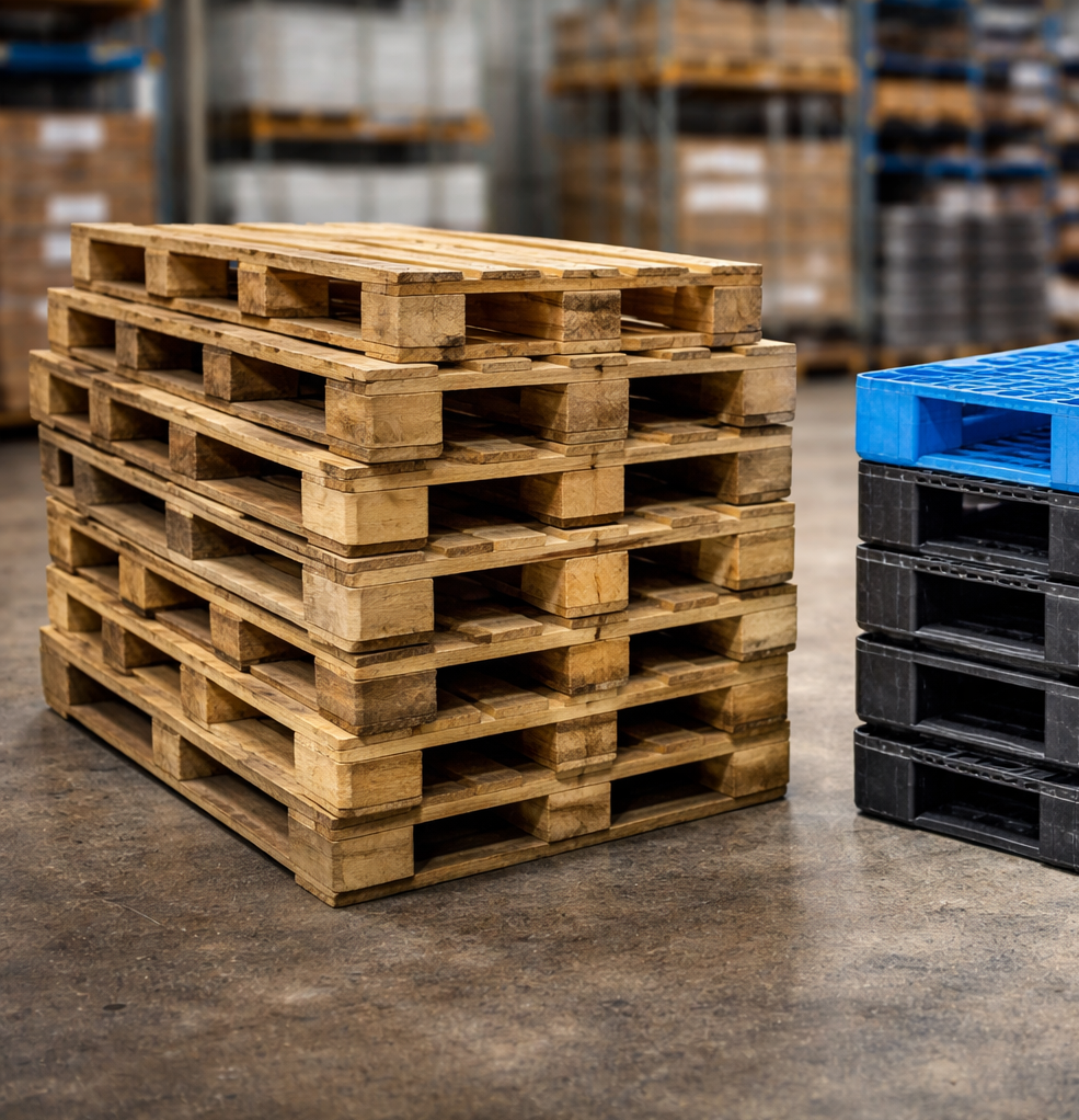 Een stapel met houten pallets naar een stapel kuststof pallets van Pallet Plaza.